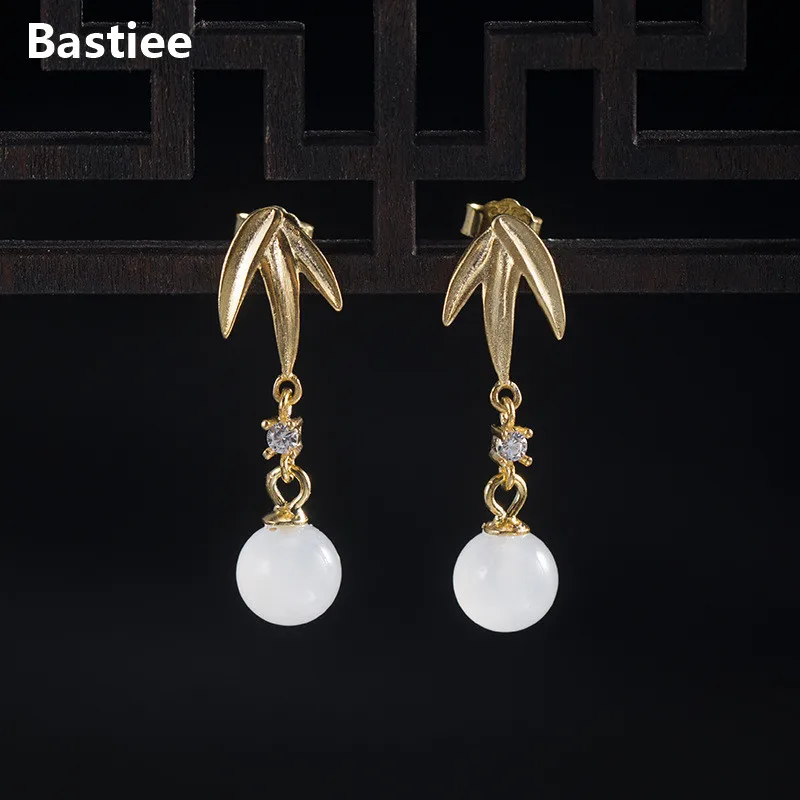 

Bastiee Bamboo Gold Plated Jade Beads Drop Earrings 925 Sterling Silver Jewelry For Women Earings