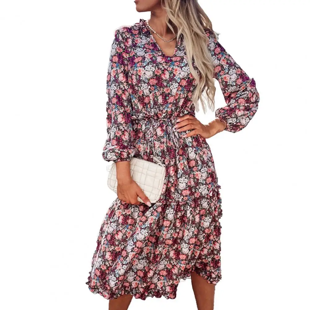 

2021 Spring Summer Women New Floral Print Long Sleeve Mid-Length Dress Sexy V Neck Floral Casual Beach Large Hem Dress Vestidos