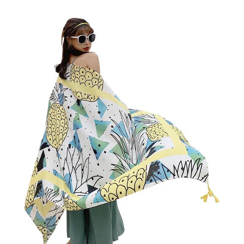 

Dual Ethnic Style Cotton Linen Summer Shawl Silk Scarf Female Pineapple Big Shawl Travel Scarf Sunscreen Beach Towel