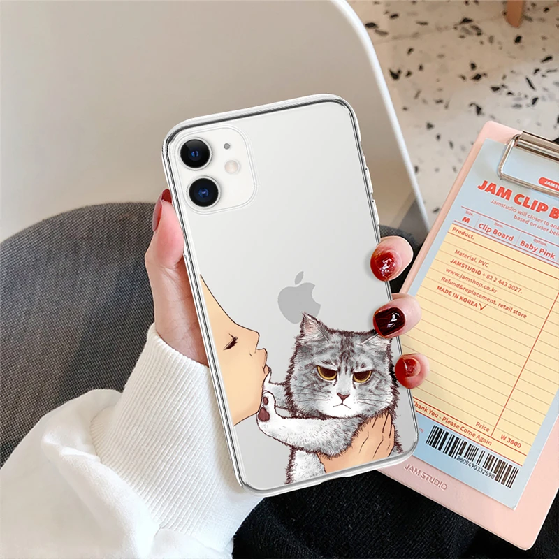 Cute Cat Phone Case For iPhone 13 12 11 14 Pro Max X XR XS Max 7 8 6 6s Plus 12 Mini 5 5S SE2020 Soft TPU Transparent Back Cover