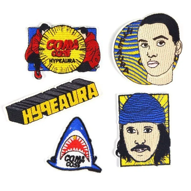 

Popular people and sea animals shark embroidery letter patch European and American style DIY T-shirt badge logo
