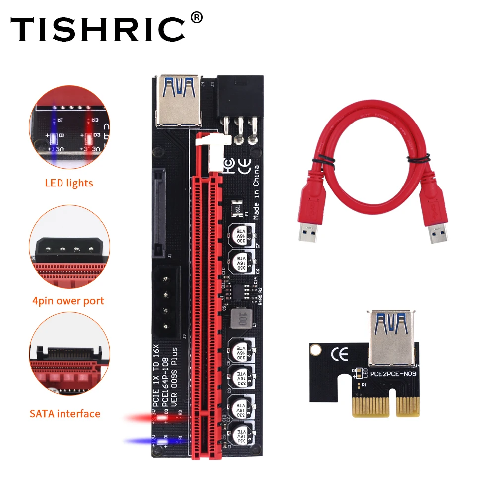 Райзер-карта TISHRIC PCIE Райзер 009S Plus PCI Express 1X до 16X USB3.0 Sata 4-контактный 6-контактный