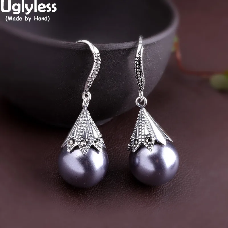 

Uglyless Natural Grey Black Pearls Earrings for Women Vintage Thai Silver Dress Earrings 925 Silver Chalcedony Brincos Bijoux