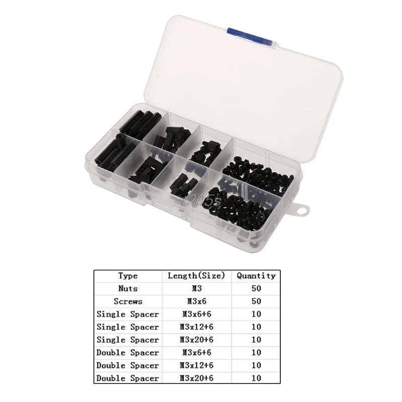 160 шт. набор нейлоновых черных быстрорежущих шестигранных распорных болтов M3