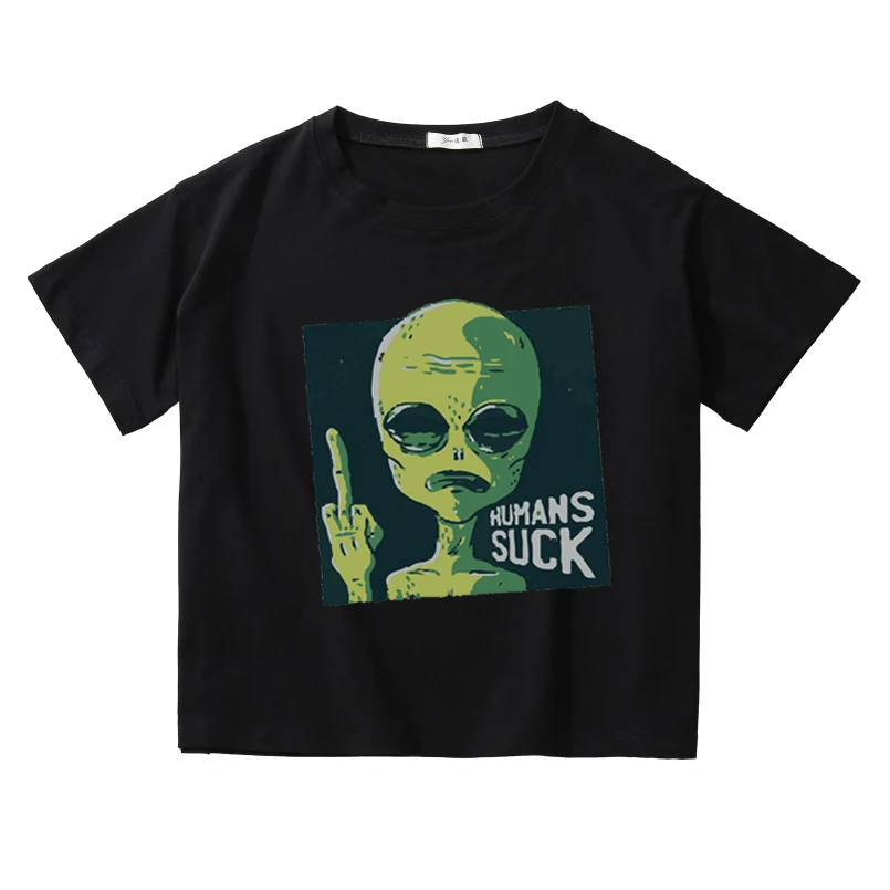 Футболка Alien Kawaii funn Женская хлопковая винтажный укороченный топ с графическим