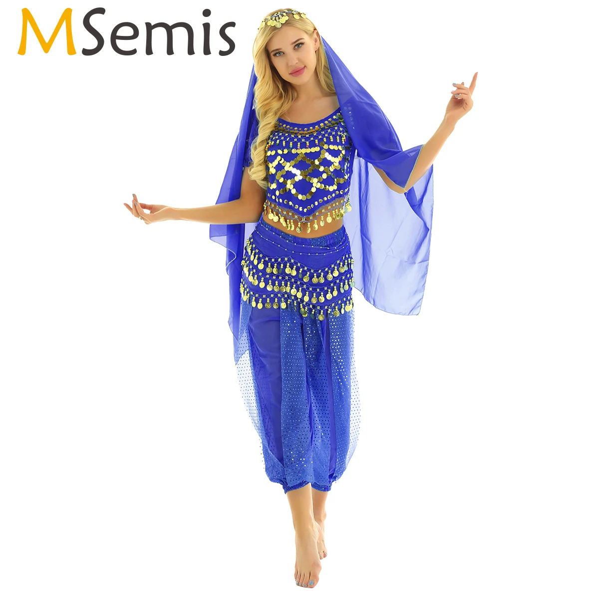 

MSemis Womens Belly Dance Bollywood India Carnival Cosplay Dance Costume Indian Jewelry Fancy Lantern Top Pant Hip Head Scarf