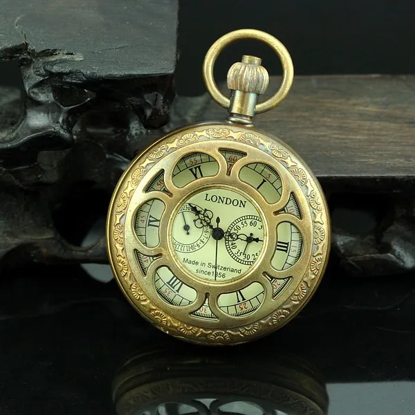 Two Sub-dials Mechanical Pocket Watch Hand Winding Bronze Copper Skeleton Back FOB Chain Vintage Retro Roman Numeral Clock