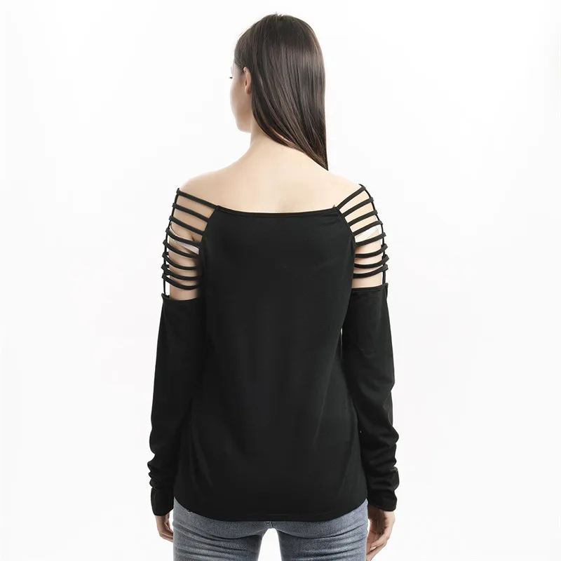 

New Autumn Women Solid Color Tops Fashion Ladies Long Sleeve Rivet T-shirts Sexy Female Hollow Out O-neck Tees For Women