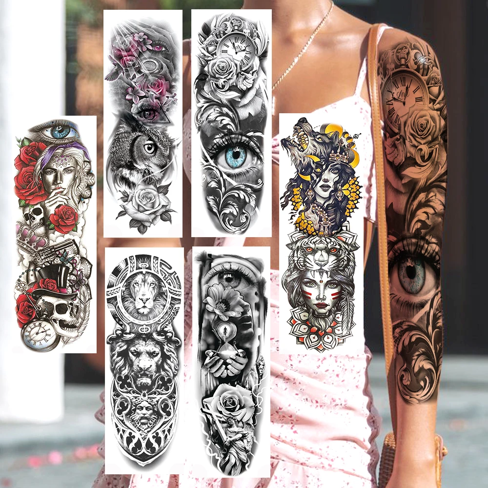 

Long Full Arm Temporary Tattoos Sticker For Women Men Fake Eye Rose Owl Tribal Wolf Maori Lion Sleeve Tatoos Body Art Decoration