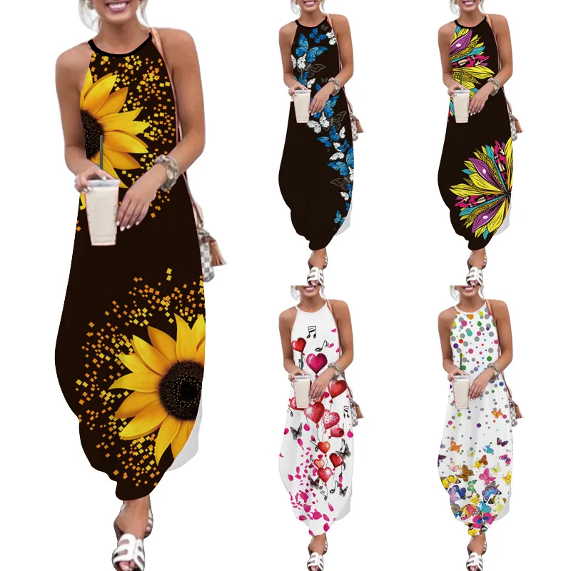 Женское повседневное летнее платье с принтом и лямкой на шее круглым вырезом для