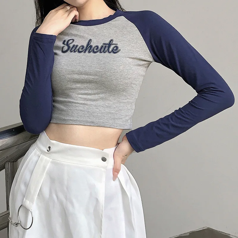 

Футболка женская облегающая с длинным рукавом, пикантный короткий топ с круглым вырезом и надписью, уличная одежда в стиле пэчворк, лето-осень