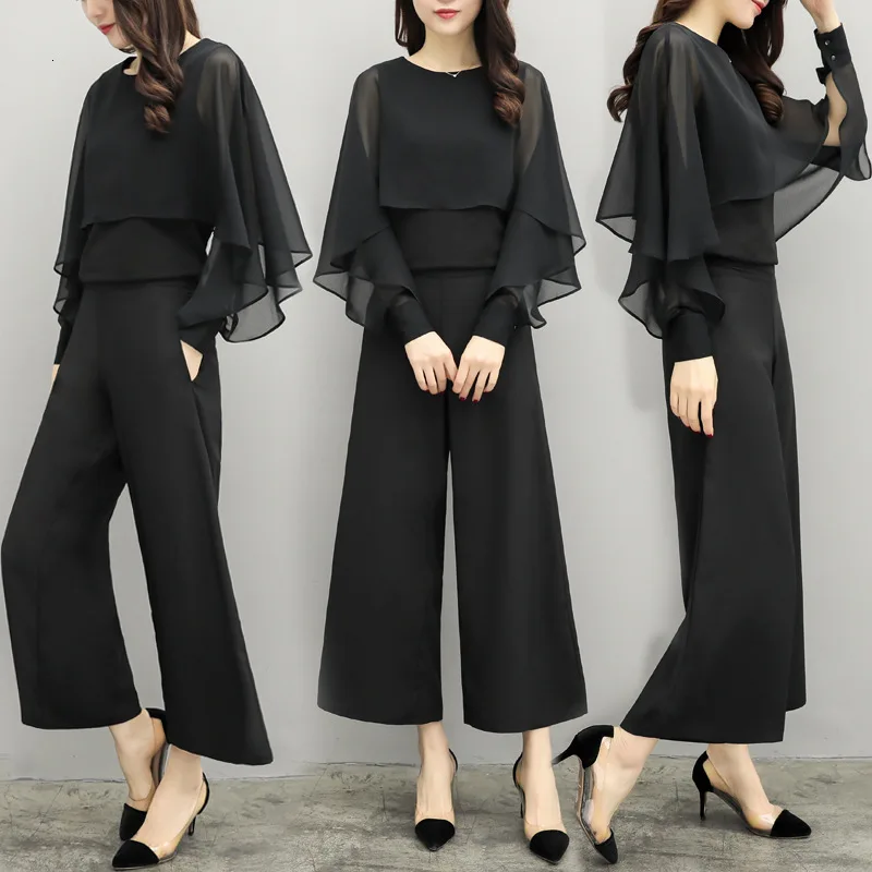 2 Two Piece Blouses And Pants Sets Spring Summer Elastic High Waist Black Chiffon Wide Leg Office Lady Pantsuits Plus Size |