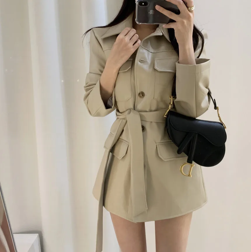 Beige Осенняя кожаная куртка для женщин, новое пальто, женская модная однотонная куртка с отложным воротником, однобортная Женская куртка с поясом на пуговицах - Цвет: Beige