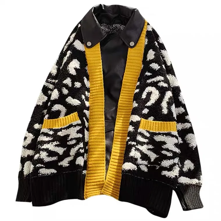 

SuperAen 2021 Autumn Winter New Leopard-print Loose Knit Cardigan Spell Skin Jackets for Women