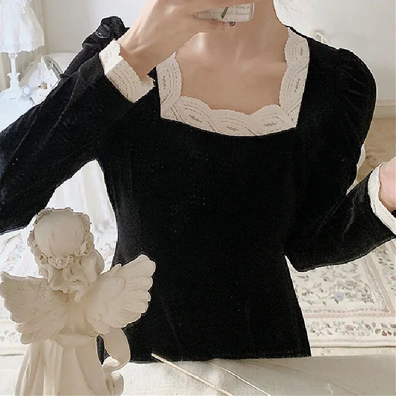 

Velvet Elegant Dress French Square Collar Women Lace Slim Dress Temperament Mid-Length Black Dress Autumn Clothing Ladies 2020