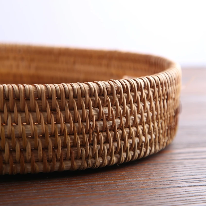 

Rattan Snack Storage Tray with Handle Round Basket Hand Woven Home Decor Bread Fruit Food Display Room Organizer