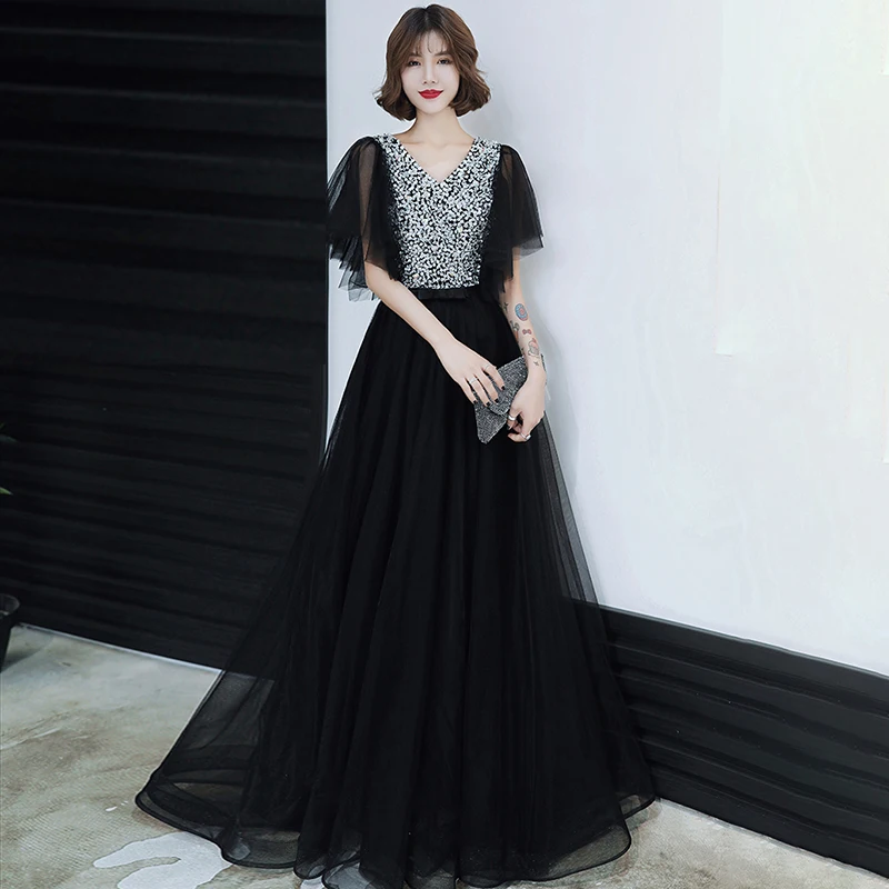 New Evening Dresses Women V-neck Black 