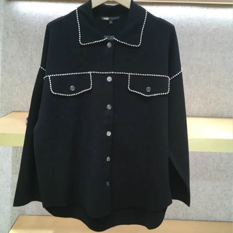 

Women's black knitted coat jacket with diamonds V-neck puff sleeve French luxury brand casual loose cardigan top women
