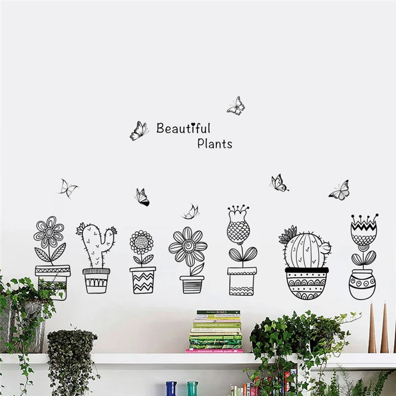 

Diy Plant Flower Pot With Butterfly Wall Art Stickers For Office Shop Baseboard Home Decoration Diy Pastoral Wall Mural Decals