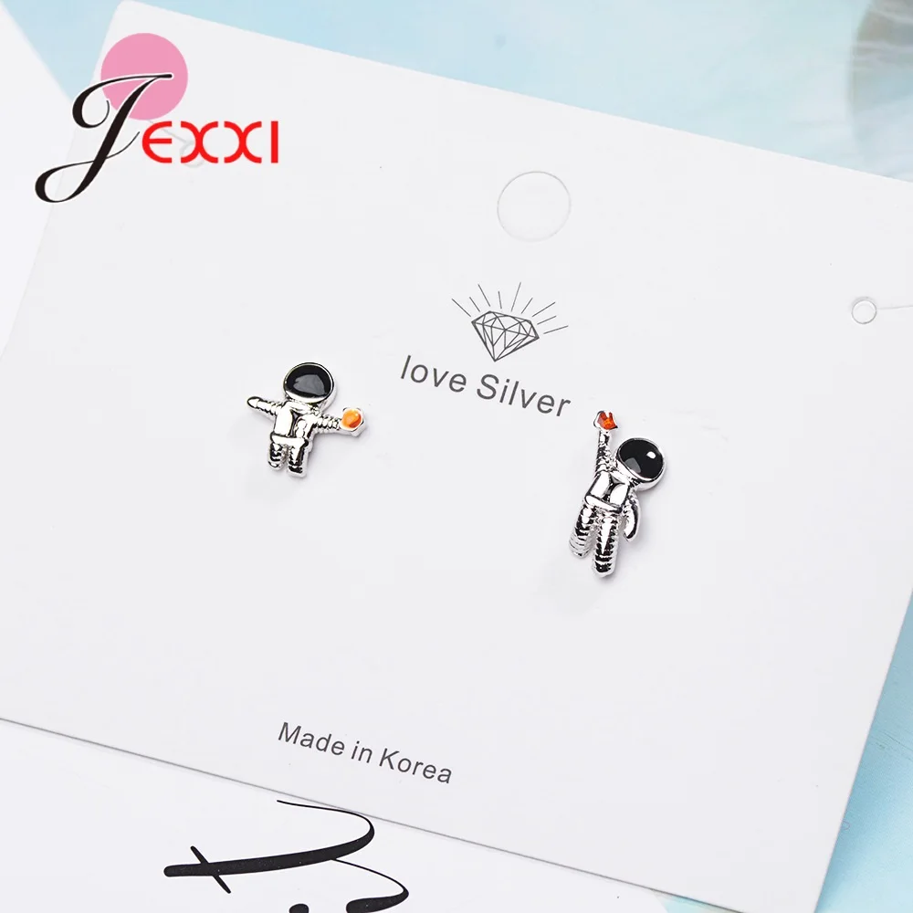 Attractive Design Starry Sky Space Star Asymmetrical Astronaut Small Stud Earrings for Women 925 Sterling Silver Ear Studs | Украшения и