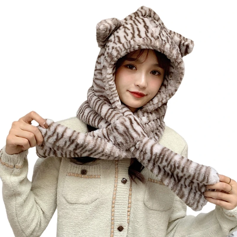 

Женский зимний шарф 2 в 1 с капюшоном, Шапка-бини с ушками медведя в полоску с зеброй