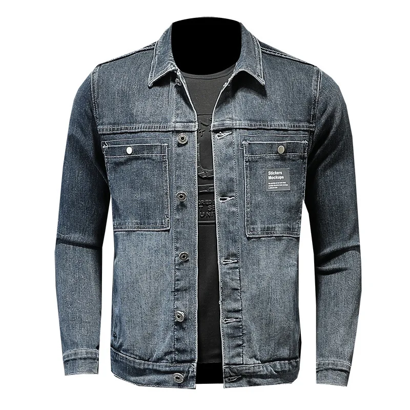 

Куртка мужская джинсовая прямая, повседневная верхняя одежда из денима, стрейч с длинным рукавом и отложным воротником, много карманов, ули...