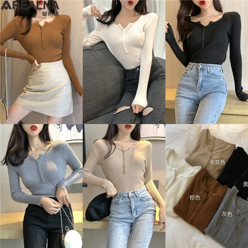 

2020 autumn winter woman sweaters Casual Solid Buttons Sexy Pullovers Korean Soft Highly Elastic Knitted Base Sweater pull femme