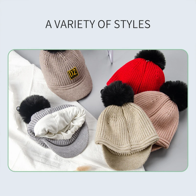Baby Hat Cotton With Poms Letters Winter Warm Fur Ball Baseball Caps For Boys Girls Knitted Kids Headwear | Детская одежда и обувь