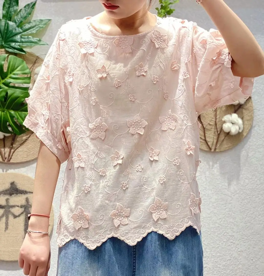 

New Summer 3D solid flower Embroidery Shirt Tops short sleeve Casual wear 252