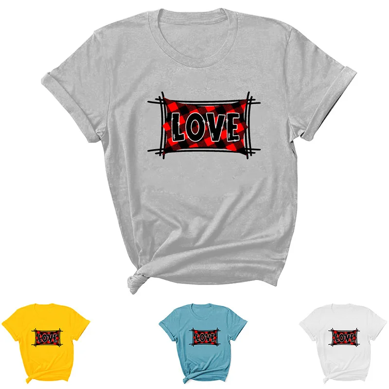 

LOVE Plaid Letter Print Women T Shirt Short Sleeve O Neck Loose Women Tshirt Ladies Tee Shirt Tops Clothes Camisetas Mujer