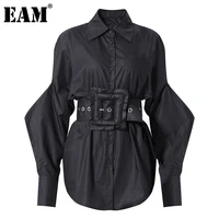 eam women big size belt shaped black blouse new lapel long lantern sleeve loose fit shirt fashion spring autumn 2021 1dd3940