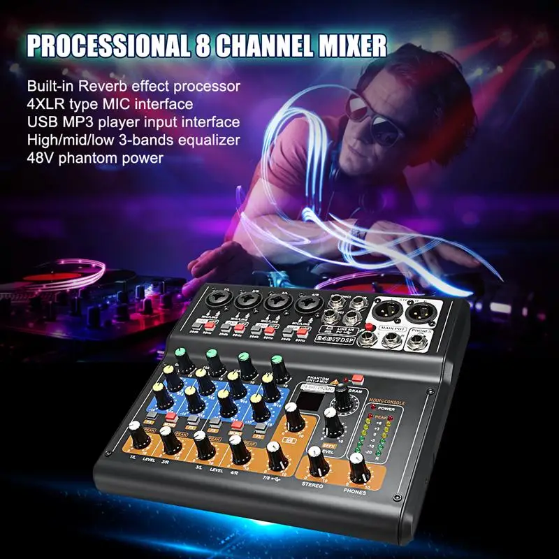 LEORY профессиональный 8 каналов аудио микшерный пульт Мини USB цифровой DJ микшер с PAD переключатели DSP эффект для караоке ПК встречи