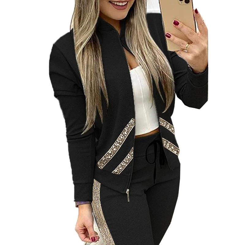 Женский костюм с блестками черная куртка на молнии длинным рукавом и брюки
