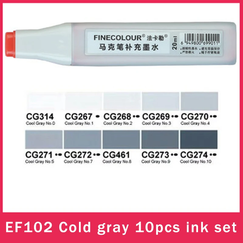 EF102-cold-gray-10ps Finecolour EF900 художественные масляные спиртовые чернильные маркеры 20 мл EF100/101/102 универсальные пополняющие/добавляемые/Заполняемые жидкие чернила 480 цветов - Цвет: EF102-cold-gray-10ps