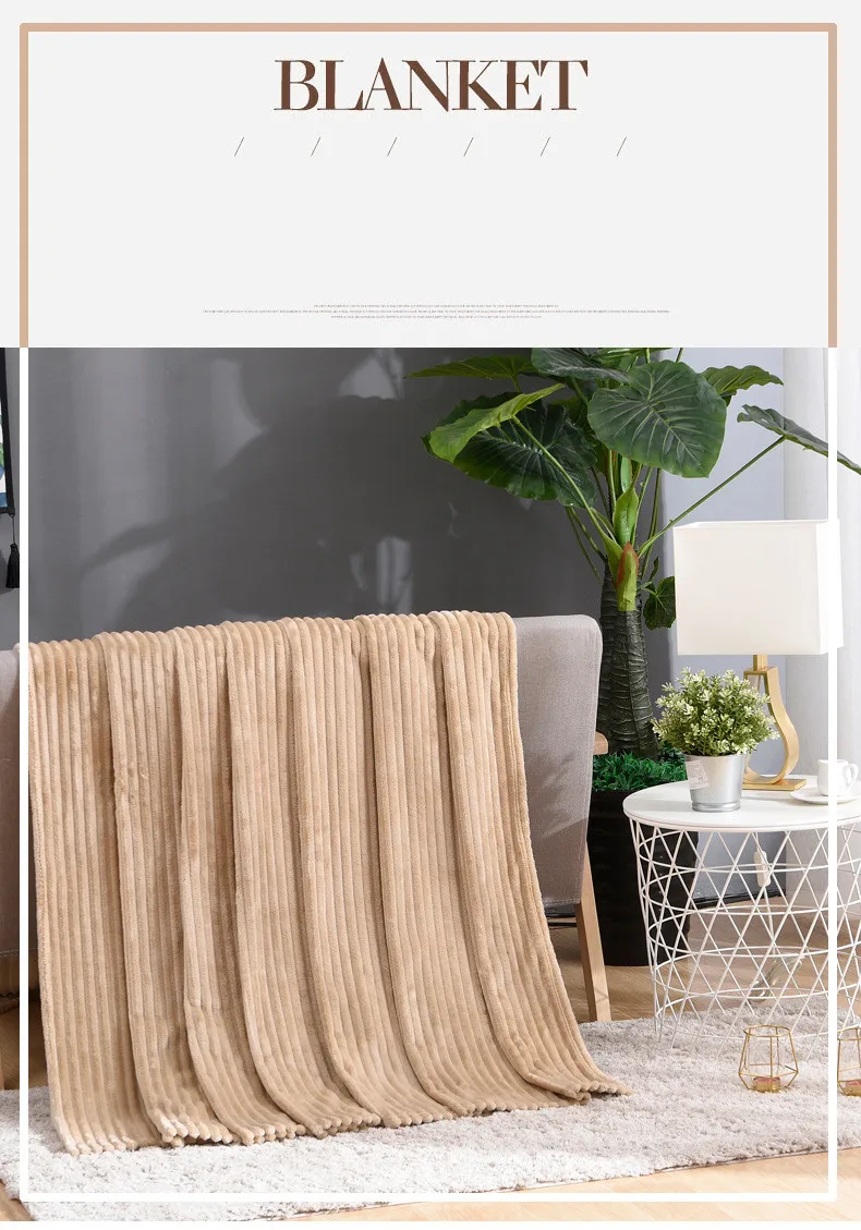 Striped Flannel Fleece Throw Blanket Soft Travel Blanket Solid Color Bedspread Plush Cover for Bed Sofa Warm Gift Dropship