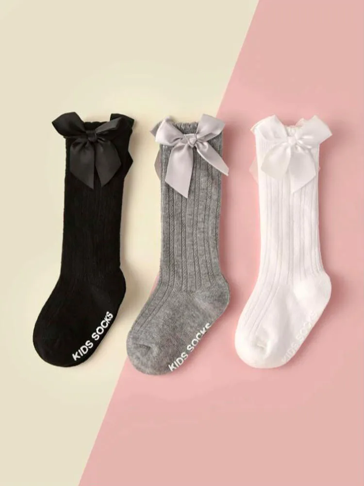 

3pairs/lot Infant Baby Stockings Long Socks Girls Boys Unisex Bows Ruffle Non Skid Spanish Warm Cute High Sock with Grips