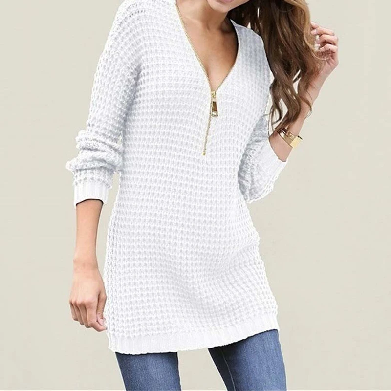 Женское трикотажное платье-свитер с v-образным вырезом длинный теплый свитер