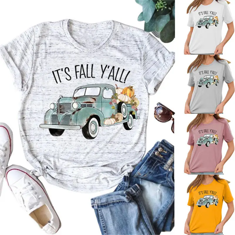 Женская забавная уличная футболка It's Fall Y'all Pumpkin Car летняя с цветочным принтом