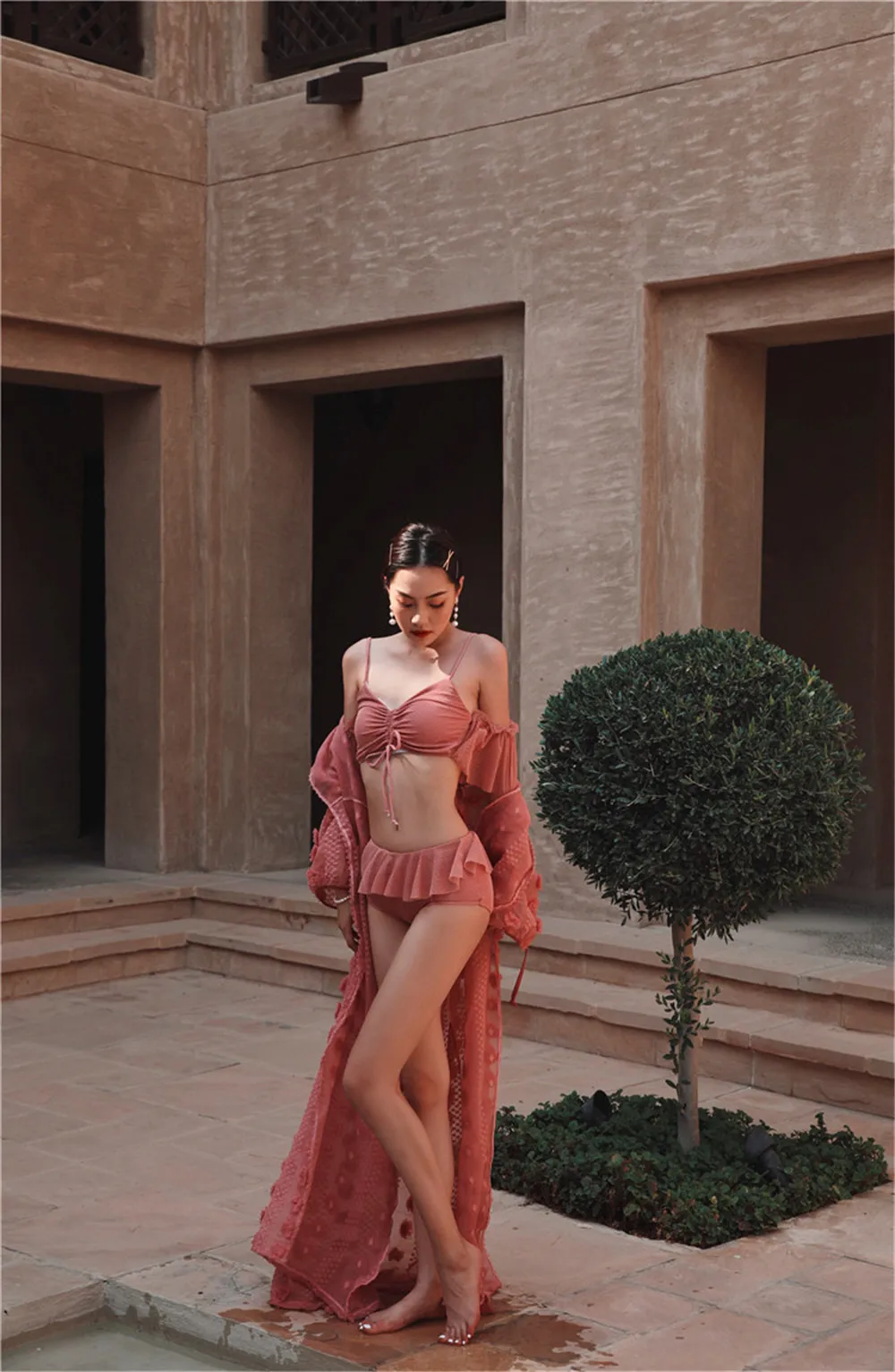 Кружевной Цветочный комплект бикини с накидкой Женский однотонный купальник