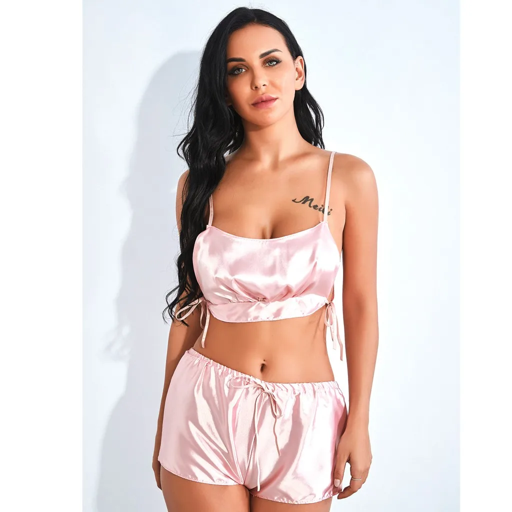 Женский атласный Шелковый комплект с бюстгальтером бантом одежда для сна пижамы