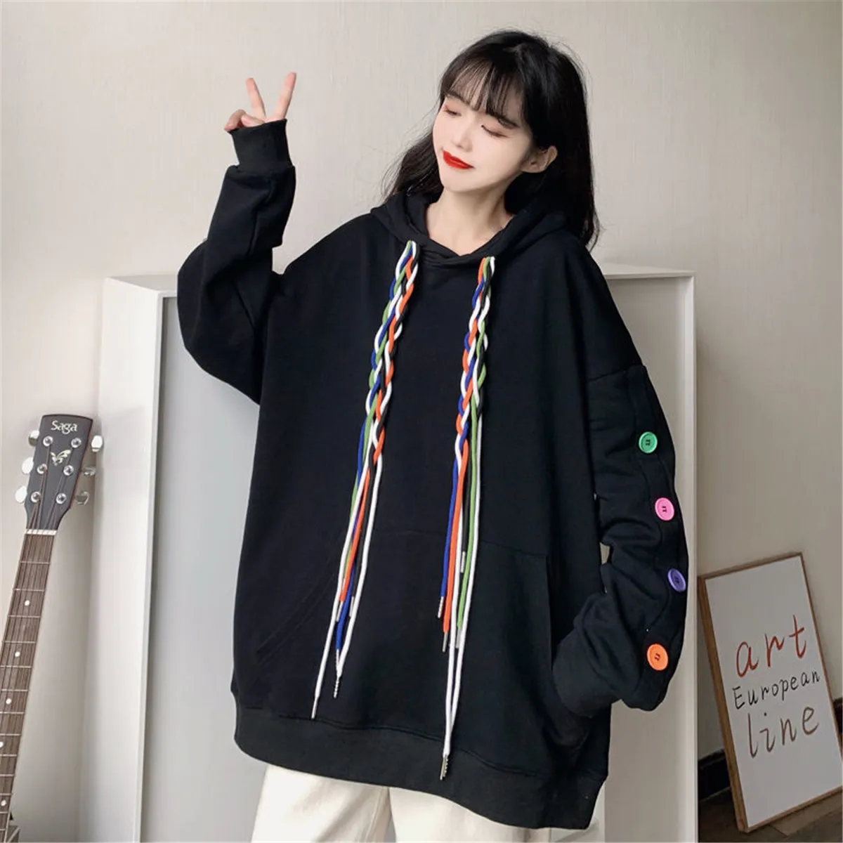 

Black Hip Hop Hoodie Sweatshirt Autumn Women Loose Funny Punk Tops Cartoon Pullover Oversize Korean Gothic Japan Hoodies Coats