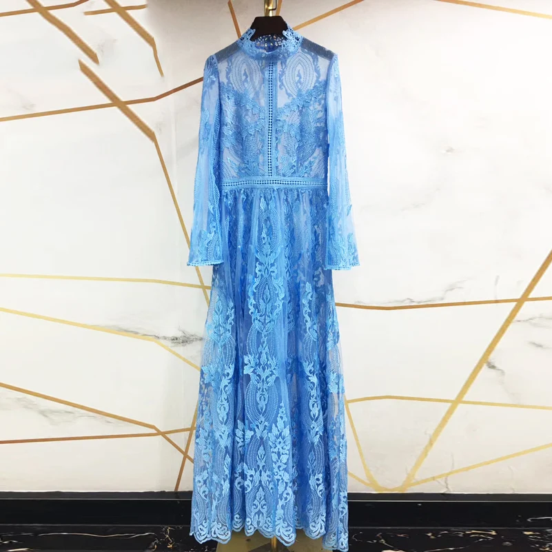 

Maxi Plus Size Women 2021 Runway Fashion Summer Flare Sleeve Flower Embrodiery Hollow Out Ruffle Lace Dress