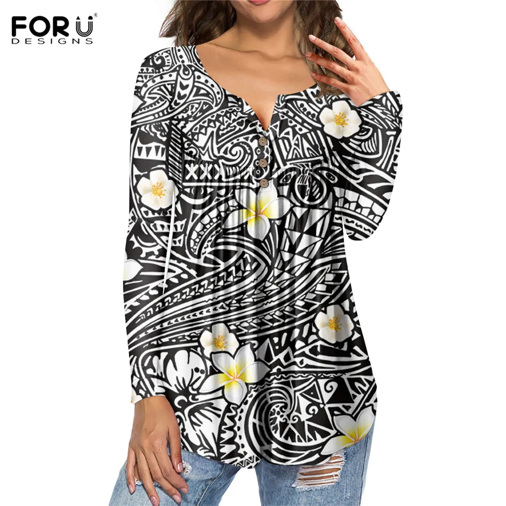 

FORUDESIGNS/женские полинезийские повседневные рубашки с длинным рукавом и v-образным вырезом для девочек; Женская Осенняя уличная плиссированн...