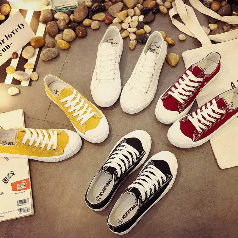 

2021 New fashion casual shoes women sneakers lighted solid canvas adult sneakers women shoes lace-up flat with ladies shoes