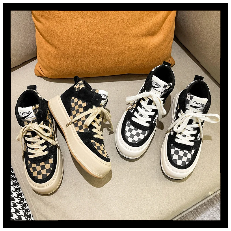 

2021 Autumn New Retro Checkerboard Lattice Board Shoes Leather Women's Shoes Ins Street Shooting High-top Platform Casual Shoes