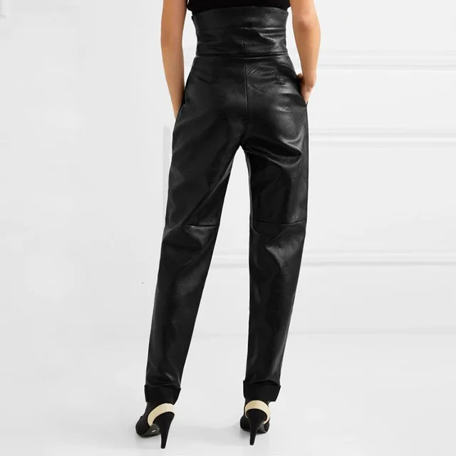 Брюки женские кожаные плиссированные полной длины с высокой талией и поясом F842 |