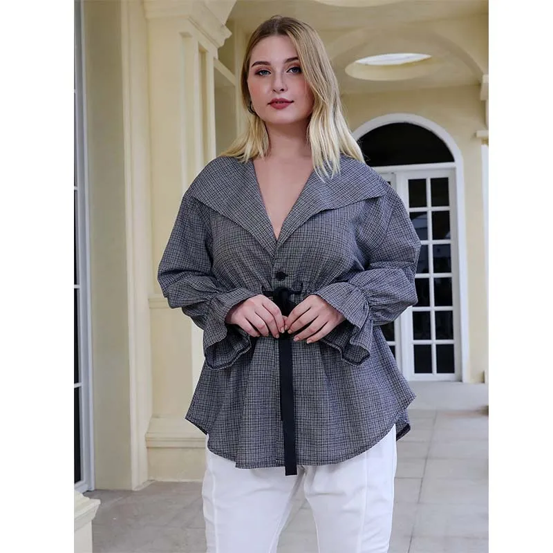 Женская блузка WHZHM в шотландскую клетку повседневный Топ серого цвета с длинным