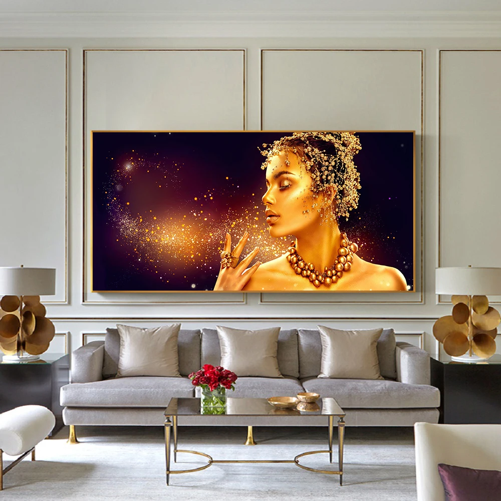 

Black Gold African Art Woman Oil Painting on Canvas Cuadros Gold Posters and Prints Scandinavian Wall Picture for Living Room