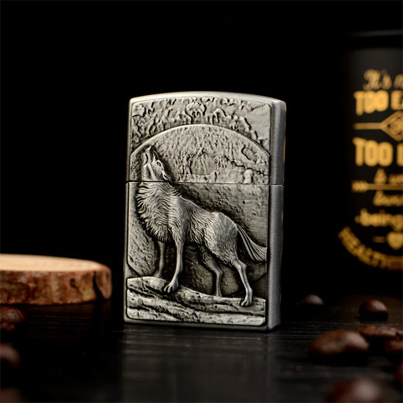Винтажная рельефная Зажигалка на реактивных колесах Wild Wolf& Moon портативная сигаретная дымовая надувная Классическая Бутановая газовая зажигалка