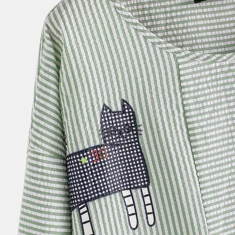

ZANZEA Women Long Sleeve Cartoon Printed Tops Casual Striped Blouse Spring Vintage Shirt Chemise Female O Neck Loose Blusas Robe